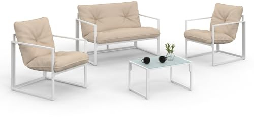 IDMarket - Nairobi Set di mobili da Giardino Bassi a 4 posti in Acciaio Bianco con Cuscini Beige