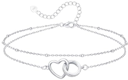 Loutade silver vristlänk för kvinnor, 925 sterlingsilver fotkedja armband, 22 + 5 cm justerbar sommar barfota strand dubbel fotkedja, oändlighet lager fotkedja med hjärta design fotsmycke, Sten