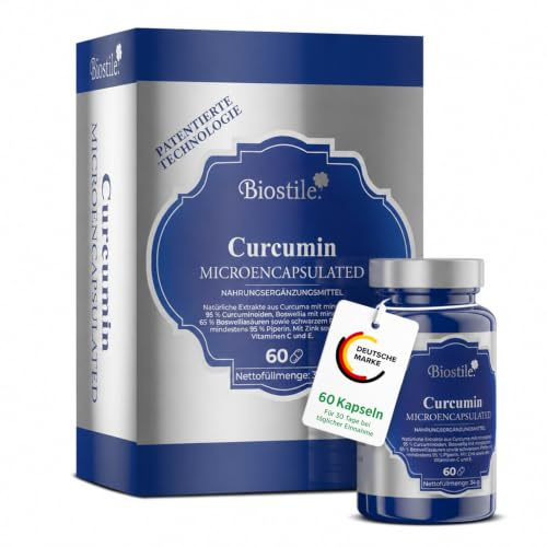 Biostile Curcumin Microencapsulated | Curcumin Kapseln | Kurkuma Kapseln | Mit Piperin, Boswellia, Vitamin C, E & Zink | Kurkuma hochdosiert | Für Immunsystem & Zellschutz | 60 Kapseln
