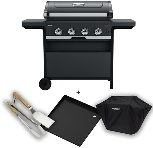 Campingaz Gasgrill 4 Series Select L Grillset mit extra Grillplatte, Abdeckung & Grillbesteck, BBQ Gas-Grillwagen mit 4 Edelstahlbrennern, Deckel mit Thermometer, InstaClean, 12 kW Leistung