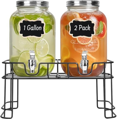 DHSBTLS 4L Getränkespender aus Glas, transparent, für Party, Grillen und Picknick, 2 Stück Saftspender mit Eiskern, schwarzem Ständer, Zapfhahn, Markern und Kreidetafel