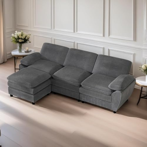Wyibwy Sofá de esquina modular ergonómico con cojines de dos plazas, sofá modular en forma de L de 3 plazas con reposapiés extraíble, de tela de pana para salón, gris oscuro