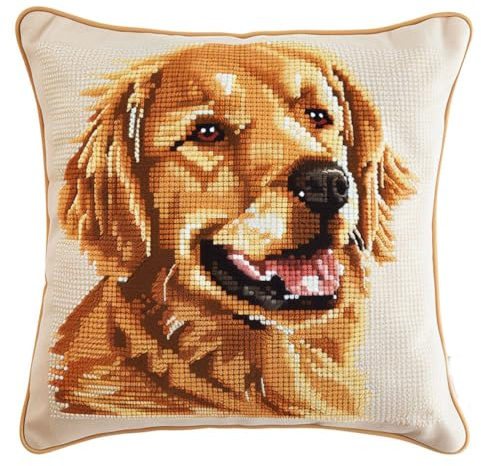 Henypt Diy Kreuzstichkissen Weihnachten Stickkissen Mit Muster Golden Retriever-Cartoon-Stil 45X45Cm Stickpackung Stickset Kreuzstich Kissen Zum Basteln Stickkissen Stickpackung Mit Vorgedruckt Kre