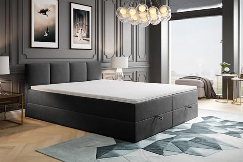 TRADA Boxspringbett 140x200 cm mit Bettkasten & Bonellmatratze, Dunkelgrau | Modell ROYAL, Elegant Bett mit Topper