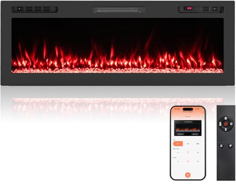 COSTWAY 50 Elektrokamin mit Heizung 750W/1500W, Einbaukamin mit Fernbedienung/App-Steuerung WiFi, 12 Flammen- & Glutfarben, 12H Timer, Wandkamin elektrisch 127 x 10 x 46 cm