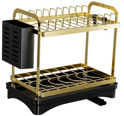 Baoblaze Dish Drying Rack Utensil Holder 2 Tier Bracket Reliable with Drip Tray for Kitchen Counter Dish Drainer for Plates Bowls Cups, Gold