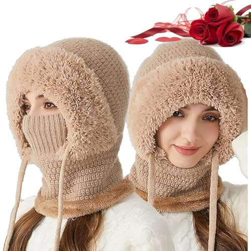 GXHNB 3 In 1 MüTze WintermüTze SchalmüTze Damen, Kaltefeste StrickmüTze mit PlüSchfutter & NackenwäRmer, Winter Versatile Knitted Hooded Scarf for Women for Outdoor, Skiing & Everyday Use