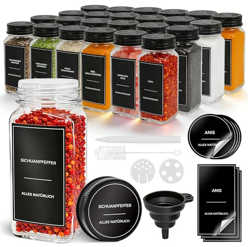 Gewürzgläser Set 24x120ml, Eckig Gewürzdosen mit Streuaufsätzen & Etiketten | Luftdichte Schwarz Spice Jars Glas für Küche Organisation & Aufbewahrung