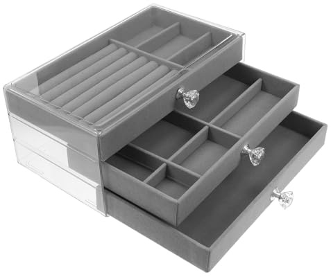 jojofuny Boîte à Bijoux à 3 Niveaux avec Tiroirs pour Bagues et Boucles D’Oreilles Rangement Compartimenté en Plastique et Tissu Doux Gris Organiseur Compact pour Chambre et Coiffeuse