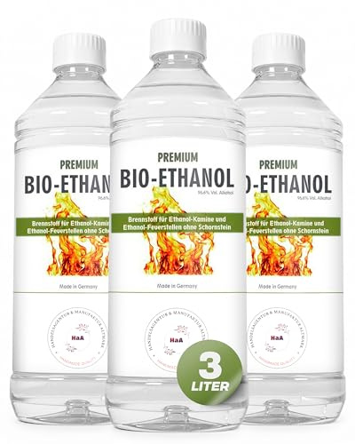 HaA Bioethanol 96,6% Premium 3 x 1L – Für Bioethanol Kamin & Tischfeuer Indoor – Bio Ethanol für Tischkamin Indoor & Outdoor - Geruchsarm & rückstandsfrei – aus nachwachsenden Rohstoffen