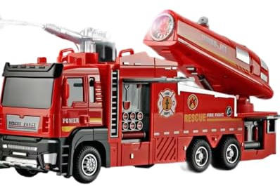 Rescue Force Fire Engine Truck Toy with Water Spray, Lights and Sound Effects, Red Die-Cast Emergency Vehicle, Extending Ladder, Educational Play Set