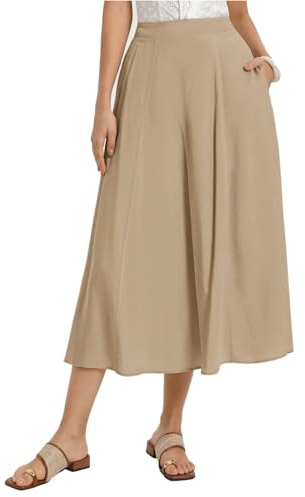 Kate Kasin Women's Linen Blend Skirts, High Waist A Line Skirt, Flowy Summer Long Skirt with Pockets Khaki