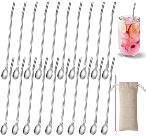 20 stycken sugrör skedar rostfritt stål, Slush Ice-sugrör med sked rostfritt stål med 2 rengöringsborstar, återanvändbara, med tygpåse, för latte macchiato Slush cocktail smoothies & varma drycker