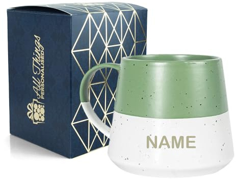 Personalised Ceramic Coffee Mug with Name - 370ml Stoneware Belly Mug - Custom Engraved Gift Boxed Cup for Tea & Coffee - Birthday Christmas Gift for Her Him - Green