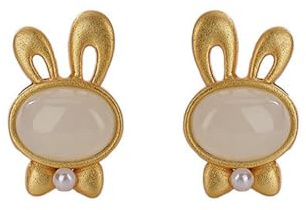 S925 Silver med naturliga vita Jade kanin örhängen örhängen för kvinnor Yoga Äkta