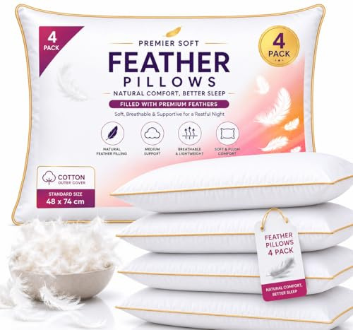 Ethereal Luxuries Hotel Quality Duck Feather Pillows 4 Pack | Luxury Micro-Feather Fill | Soft, Breathable Microfiber Bed Pillows | Fluffy Medium Support Sleeping Pillows UK Standard 48 x 74 cm
