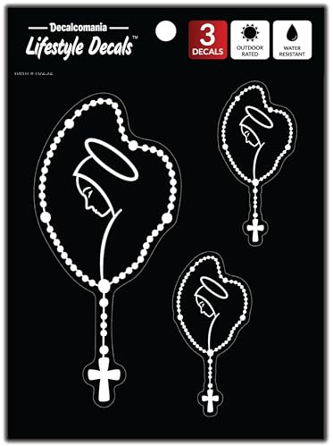 Mary Rosary Decals for Car Truck Tablet Tumbler Cell Phone - Set of 3 Christian Stickers for Cars Stickers - Religious Holy Rosary Sticker Decal - Black & White Rosary Christian Decal