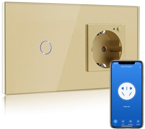 BSEED Smart Alexa Lichtschalter,WIFI Lichtschalter mit Steckdose Kompatibel mit Alexa,Google Home,Glas Touchscreen-schalter,Smart Lichtschalter 1 Fach 1 Weg Gold(Neutrale Leitung benötigt)