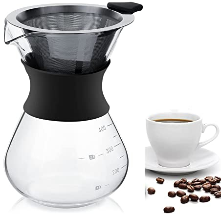 Hakeeta Caffettiera, caffettiera in Vetro con Filtro Permanente in Acciaio Inox.Birra Manuale Dripper Brewer 400ml