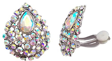 HAISWET Clear AB Rhinestone Crystal Clip On Stud Earrings Silver Tone