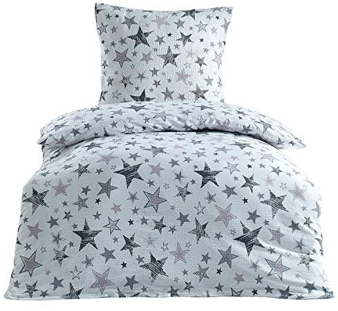 BaSaTex Seersucker Bettwäsche Set| 100% Baumwolle Bügelfrei | 135x200 cm + 80x80 cm | Reißverschluss | Luna Sterne Grau