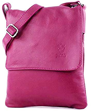 LeahWard Small Genuine Italian Soft Leather Cross Body Messenger Bag Shoulder Strap Handbag Phone Holder Holiday (Fuchsia)