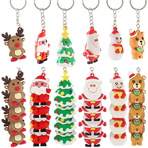 FLOFIA 24x Weihnachten Schlüsselanhänger Weihnachtsmann Weihnachtsbaum Anhänger PVC Schlüsselband Rentier Schneemann Weihnachten Geschenke Deko Anhänger Christmas Keychain Adventskalender Füllung