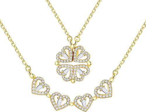 jagosen Damen Kette Herzkette Abnehmbare Halskette Mit Vierblättrigem Kleeblatt-anhänger Halskette Mit Vier Herzen Halskette Beste Valentinstagsgeschenke Für Frauen (Gold)
