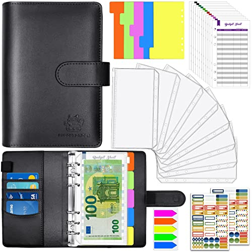 Aocii Budget Planner, Budget Binder A6, Geld Organizer, Bugetplaner mit Folien, Finanzplaner, Haushaltsbuch mit Geldfächer Umschlagmethode, Cash Stuffing Set mit Magnetschnalle (Schwarz)
