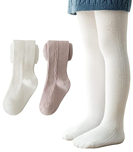 Snegyu 2-par strumpbyxor för flickor tillbaka till skolan uniform enkla strumpbyxor stickade bomull rika flickor leggings småbarn barnstrumpbyxor för 1–10 år, Vit + lila, 5-8 år