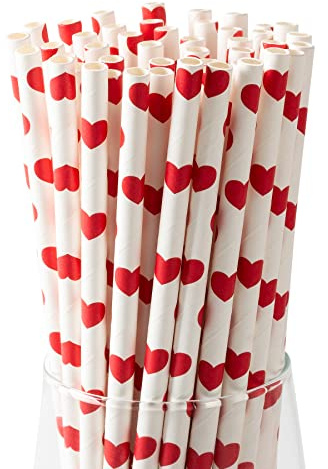 [100 Pack] Valentine Paper Straws, φ0.24''*8.27'' Red Heart Paper Straws for Valentines, Wedding, Party, Eco Friendly Drinking Straws (Red Heart, 0.24''*8.27'')