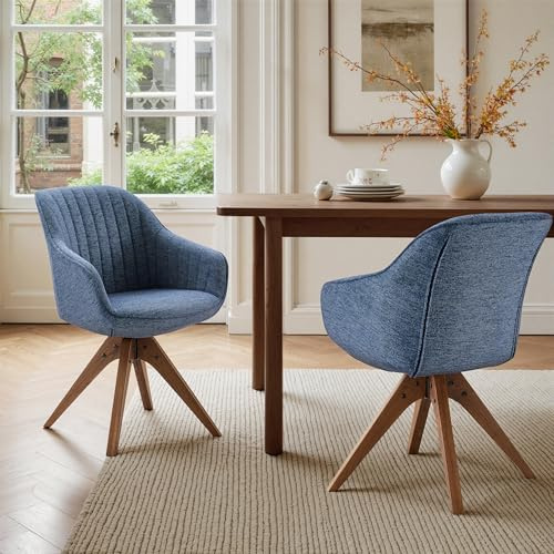 Zouron Esszimmerstühle Drehbar 2er Set Sessel Blau Leinen Polsterstuhl Armlehnstuhl Küchenstuhl Massivholzbeine bis 130kg Belastbar Sitzfläche 43x43cm Schreibstuhl (Blau-Massivholzbeine-2 pcs)