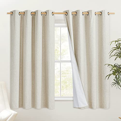 PONY DANCE Natural Linen Blackout Curtains - 100% Blackout Curtains & Drapes Thick Thermal Insulated Curtains 54 Inch Drop Soundproof Room Darkening for Bedroom, Width 46 Inch, 2 Panels
