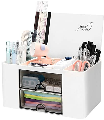 Miiepls Organisateur De Bureau Avec Tiroir, Organiseur De Bureau Multifonction Avec 5 Compartiments En Plastique Et Tiroir Transparent Pour Stylos, Bureau, Maison, éCole