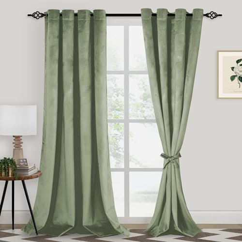 XWZO Sage Green Velvet Curtains 120 Inches Long - Grommet Blackout Window Drapes, Thermal Insulated for Living Room/Bedroom, W52 x L120, Set of 2 With Tiebacks