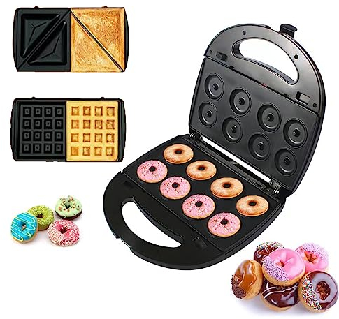 Máquina de hacer donuts baotkere, máquina de sándwiches de waffle eléctrica de tres en uno, traje Panini Press Grill iron, con 3 placas intercambiables, desmontables y no pegajosas