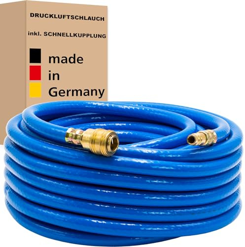 Druckluftschlauch inkl. Schnellkupplung (1/4) Druckschlauch Luftschlauch Gewebeschlauch Kompressorschlauch- Made in Germany (6 x 12 mm - 15 m, Blau)