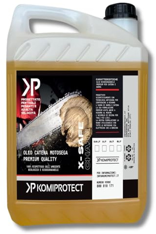 komiprotect® Olio per catene Motoseghe X-SAFE per scorrimenti veloci, esente da blocchi catena, biodegradabile (5 LT)