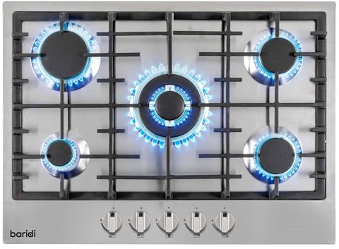 Baridi 70cm Gas Hob with 5 Burners, Cast Iron Pan Supports and Auto Ignition, 8kW, Stainless Steel - DH227