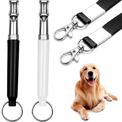HRYYDS 2 Pack Dog Whistle, Dog Whistle to Stop Barking Neighbors Dog, Adjustable Ultrasonic Silent Dog Whistle, Professional Recall Dog Training Whistles, with Lanyard (Black and White)