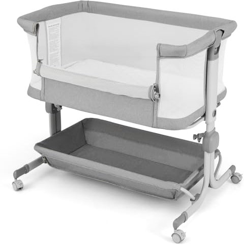 GOPLUS Cuna Colecho 3 en 1, Cuna Bebe con Colchón, Ruedas, Altura Ajustable de 6 Niveles y Ángulo Inclinable 3°-8°, Cuna de Viaje Portátil con Bolsa de Transporte, para 0-6 Meses (Gris Claro)