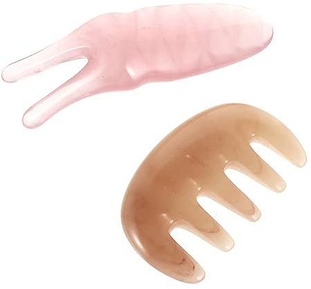 Peine Raspador Multifuncional 2 Piezas de Resina Rosa | Tenedor Raspador y Tablero Guasha, Set de Masaje Puntos de Acupresión, para Cabeza y Rostro