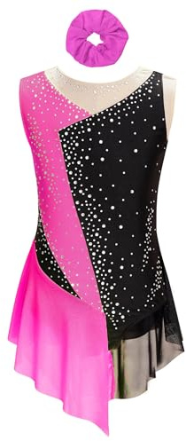 JEATHA Maillot De Danza Baile Brillantes Niñas Maillot Sin Manga con Malla Transparente Vestido De Patinaje Artístico Gimnasia Ropa De Bailarina Rosa Caliente 7-8 años