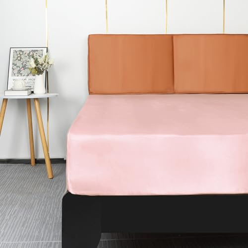 Lirex Satin Fitted Sheet, Luxurious Silky Smooth Polyester Bedding Soft Deep Pocket Bed Sheets Mattress Cover, Double, Light Pink
