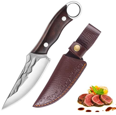 Fubinaty Chef Knife 4.5 Inch Japanese Small Kitchen Knives Handmade Forged Full Tang High Carbon Steel Cooking Knife with Wooden Handle and Protective Sheath for Home Grill