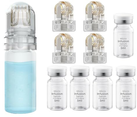 Microneedling Infusion System Set, Incluye Hydra Roller 0.25mm (1 Unidad), 4 Cabezas de Aguja de Repuesto y Ampollas de Suero Antienvejecimiento 5ml X 5, Tratamiento Solución Antienvejecimiento