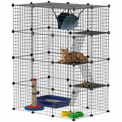 PawHut Clôture pour Animaux domestiques, enclos Lapin intérieur, 4 Niveaux, enclos modulable pour Petits Animaux, Lapins, Panneaux grillagés, 105 x 70 x 140 cm, Noir