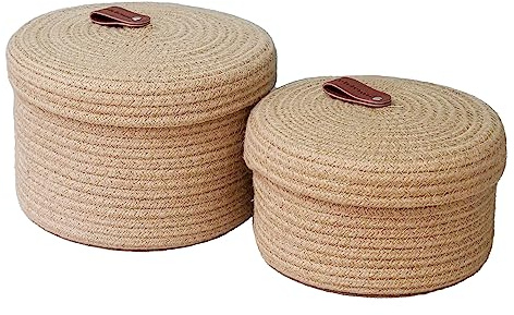Aplolemo Jute Aufbewahrungskorb mit Deckel, 2er Set Natur gewebte Körbe aus Juteseil Deko Aufbewahrungsboxen für Wohnzimmer Schlafzimmer Büro (Jute, Ø22xH14cm + Ø19xH 11cm)