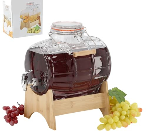 Fässchen mit Holzständer Weinfass Fass Mit Hahn Schnapsfass Whiskyfass Karaffe Getränkespender aus Glas Spender mit Holzuntersatz, Alkoholspender Glasfass mit Zapfhahn (5L)