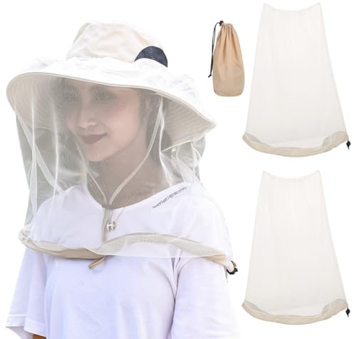 Sireck 2 Pack Premium Mosquito Head Net for Insect & Fly Protection, Extra-Fine Holes Bug Netting Face Neck Shield for Camping, Hiking, Fishing, Fits All Hats for Men & Women (Khaki)